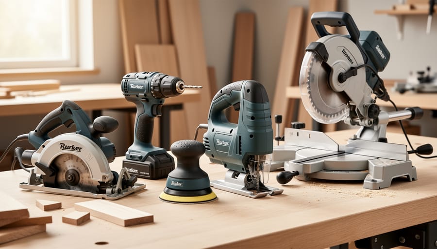 Circular saw, cordless drill, random orbital sander, jigsaw, and compound miter saw arranged on a workshop workbench with small scrap wood pieces nearby.
