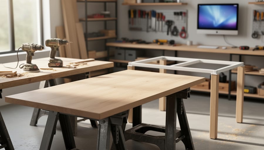 Light wood tabletop and desk frame on sawhorses with a cordless drill and orbital sander in a home workshop office setup