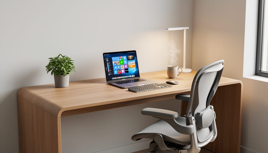 Completed DIY home office desk set up with computer equipment and warm lighting