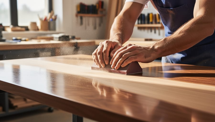 Hands sanding the edge of a desktop while building a home office desk