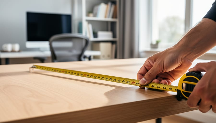 Woodworker measuring a room for a home office desk using a tape measure