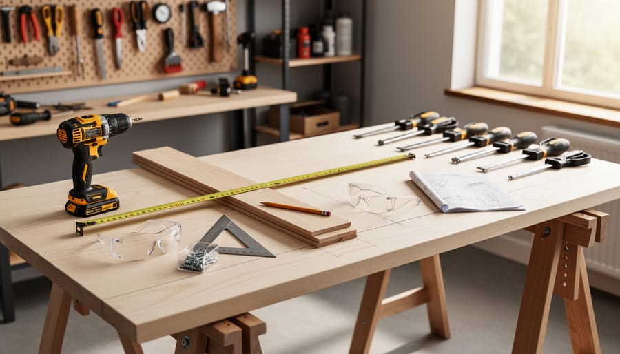 Woodworking tools and lumber arranged on a workbench for building a home office desk