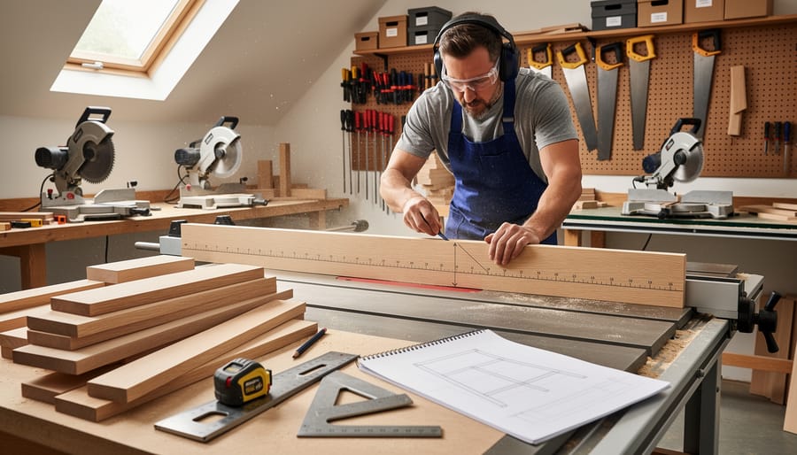 Circular saw and miter saw set up with boards on sawhorses in a woodworking workshop