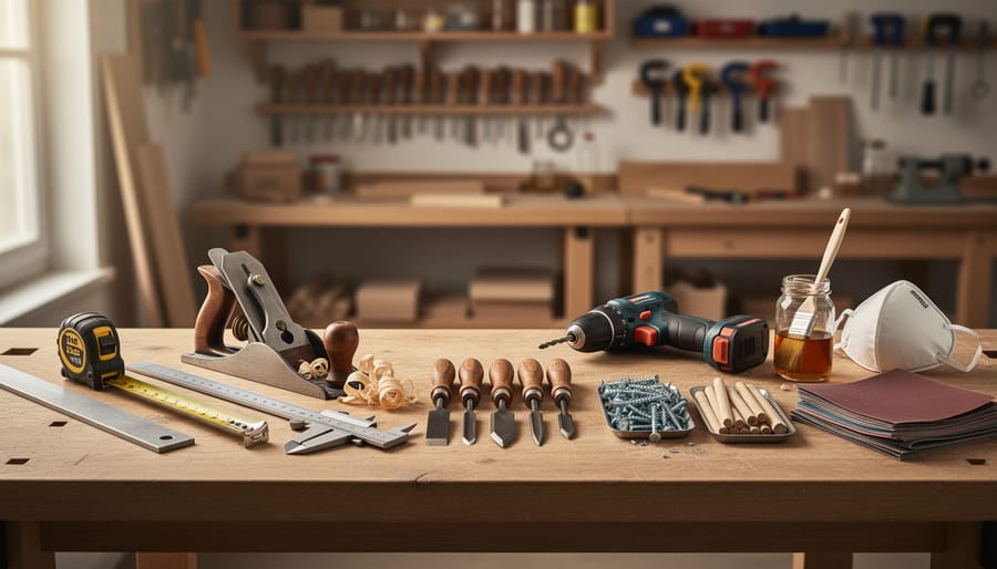 Essential woodworking tools—measuring gauge, square, chisels, hand plane, drill, clamps, screws, sanding materials, varnish, and a dust mask—arranged on a workbench in a workshop.