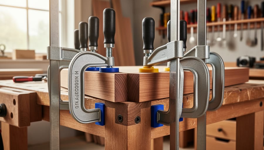 Multiple clamps holding a glued wood joint on a workbench with tools nearby