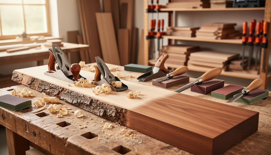 Woodworker routing and sanding a cabinet panel in a workshop