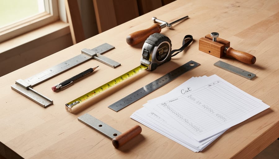 Woodworking bench with tape measure, combination square, marking gauge, pencil, and speed square beside a wood plank