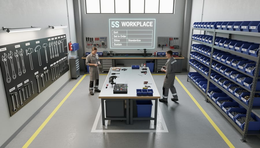Overview of a tidy woodworking workshop with organized tool storage and a cleared workbench.