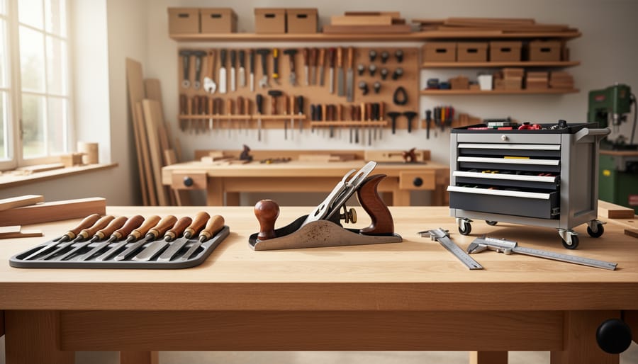 Eye-level view of a neatly organized woodworking workbench with chisels, a plane, measuring tools, and a mobile cart arranged for easy access.