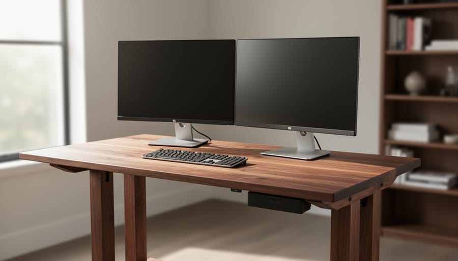 Walnut wooden home office desk with visible grain and sturdy build, styled with monitors and keyboard under soft natural light.