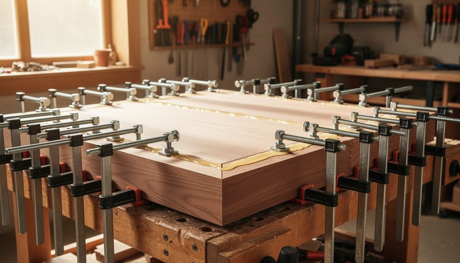 Wood panel held together with bar clamps on a workbench during glue-up.