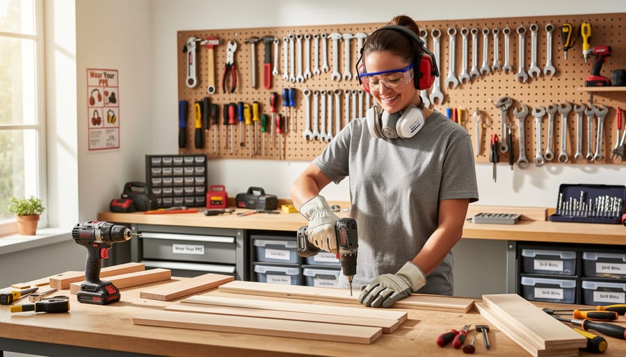 Beginner woodworker wearing safety glasses and earmuffs using a cordless drill at a workbench with lumber nearby