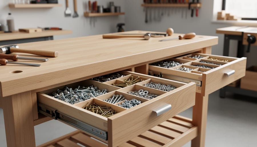 Slide-out drawers under a workbench holding screws, nails, sandpaper, and finishing supplies