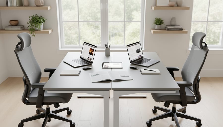 Branch Duo standing desk showing two workstations in a collaborative home office
