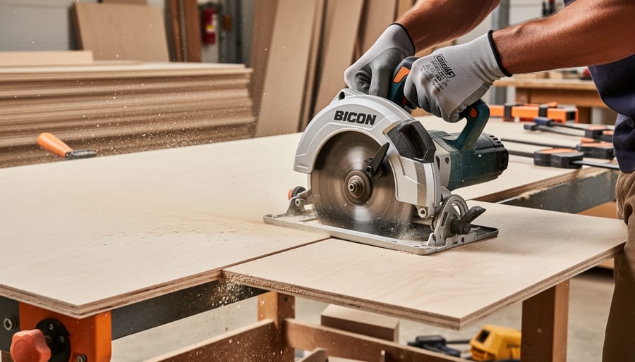 Circular saw cutting plywood sheet on sawhorses with a guide for accurate straight cuts.