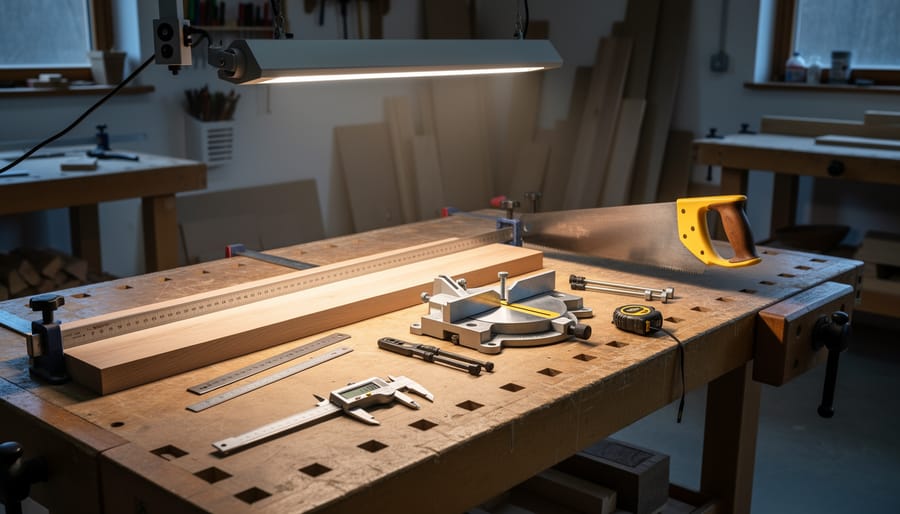 Close-up of a clamp-on task light shining on measuring tools and a sanding surface at a home workshop workbench.