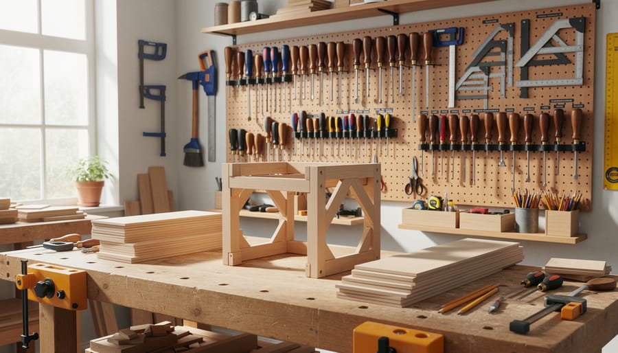 Beginner woodworking workshop with a miter saw in the background and a benchtop prepared with clamps and tools