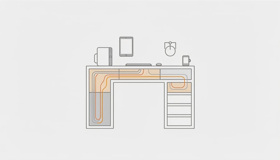 Partially assembled custom office desk showing built-in cable channels and drawer-ready storage features.