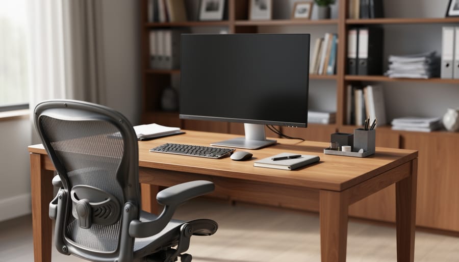 Custom-built wooden office desk with monitor at eye level, ergonomic chair, and tools arranged within arm’s reach in a modern workspace.