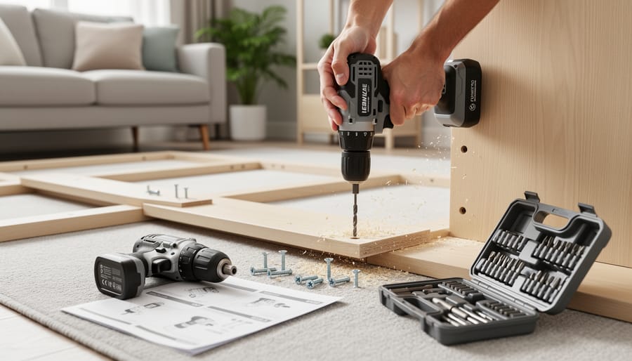 Cordless drill and impact driver on a workbench with wood components and drill bits nearby.