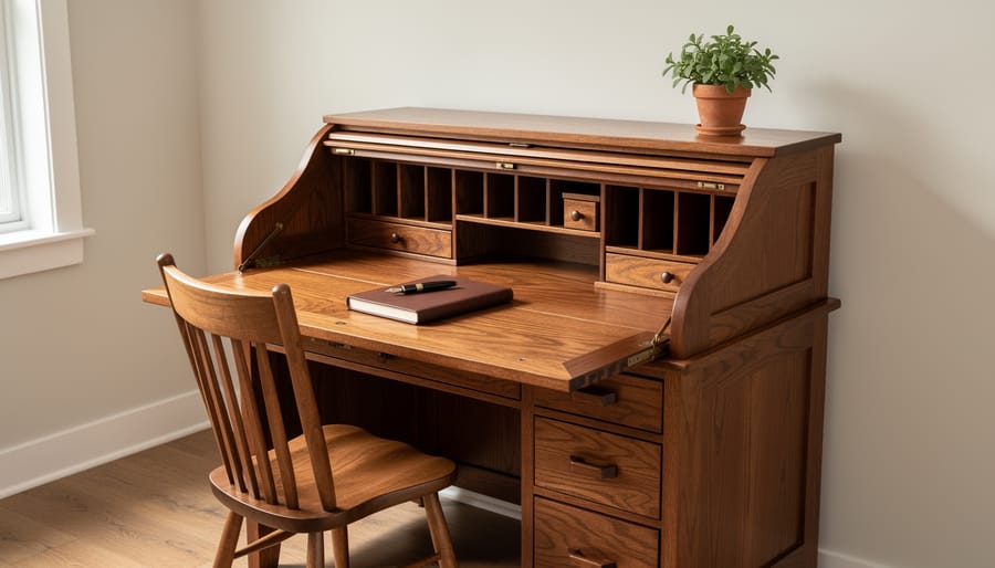 DutchCrafters Amish roll top desk showing solid wood craftsmanship and roll top detail