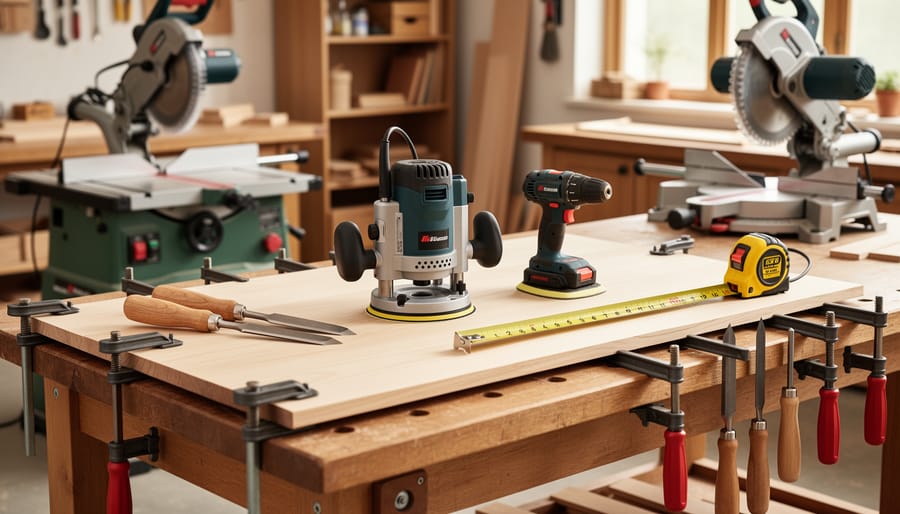 Woodworking shop workbench with essential tools—router, sander, drill, chisels, tape measure, clamps—plus table saw and miter saw softly blurred in the background.