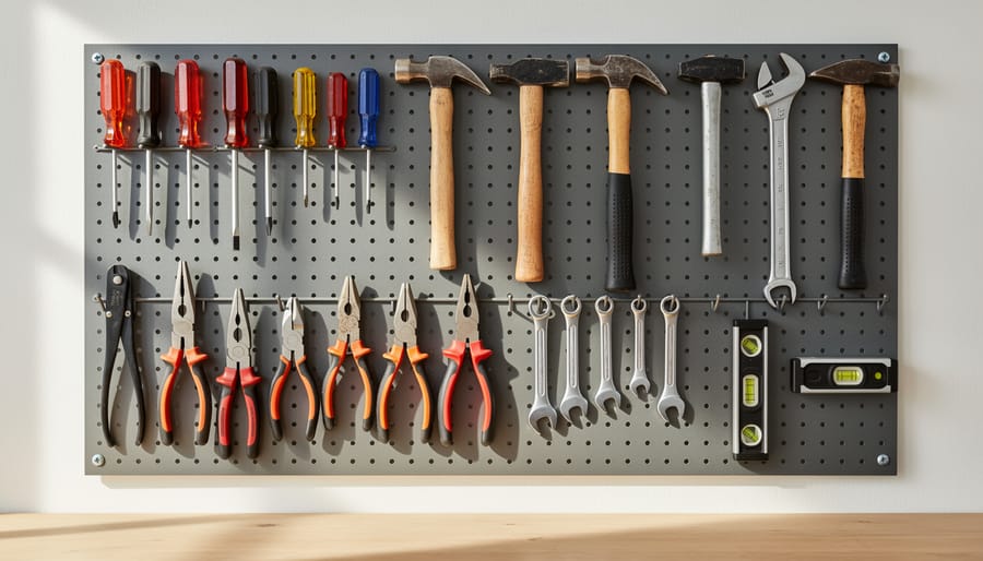 Eye-level pegboard wall with neatly hung hammers, screwdrivers, measuring tape, and marking tools