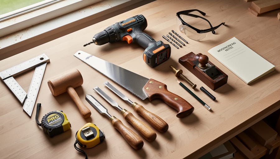 Five woodworking power tools arranged on a workbench: circular saw, cordless drill, orbital sander, jigsaw, and miter saw