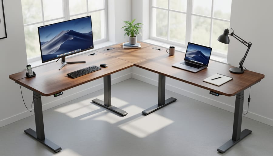 Flexispot Pro L-shaped standing desk in a home office with a large corner workspace