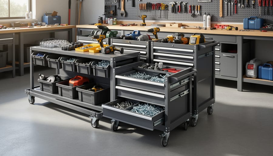 Rolling cabinet on the workshop floor with drawers and hardware bins