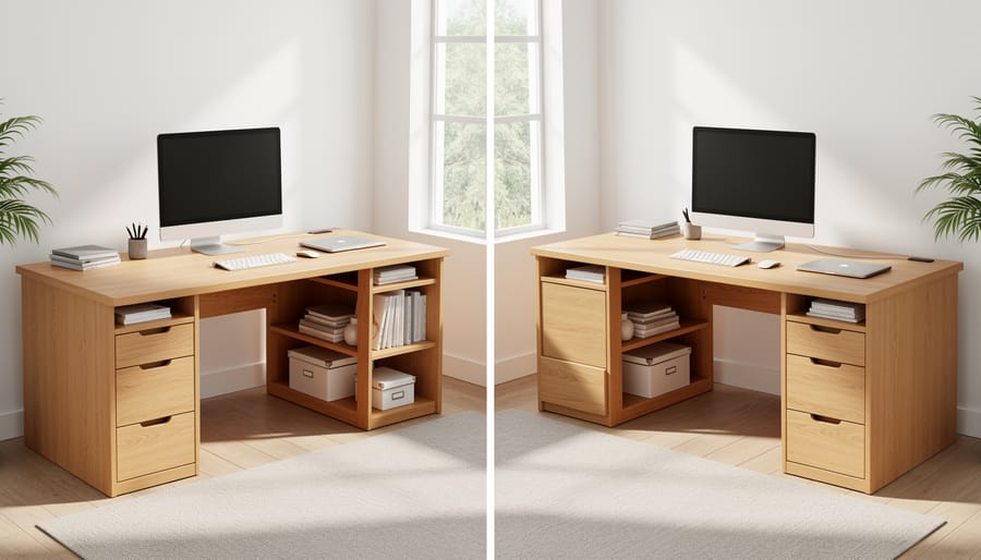 Fort Myers reversible multi-functional wooden desk with organized storage in a home office