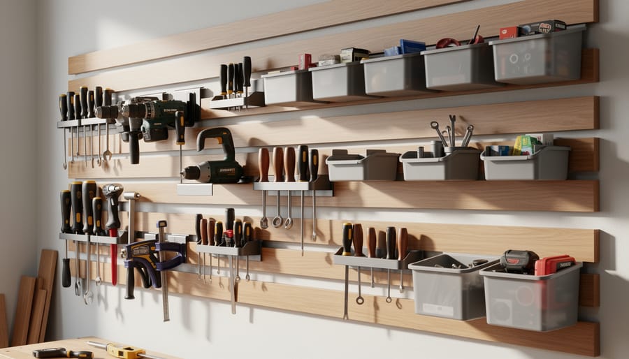 Tools stored in modular holders attached to a French cleat wall.