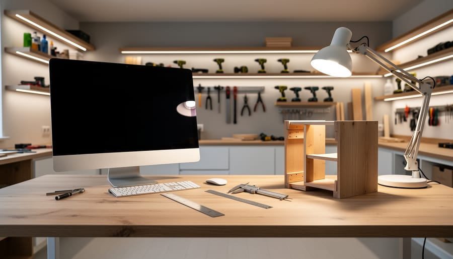 Bright home office workshop with layered overhead ambient light, focused task lighting on a workbench, and subtle accent lighting around shelves, showing a computer monitor and woodworking measuring tools.