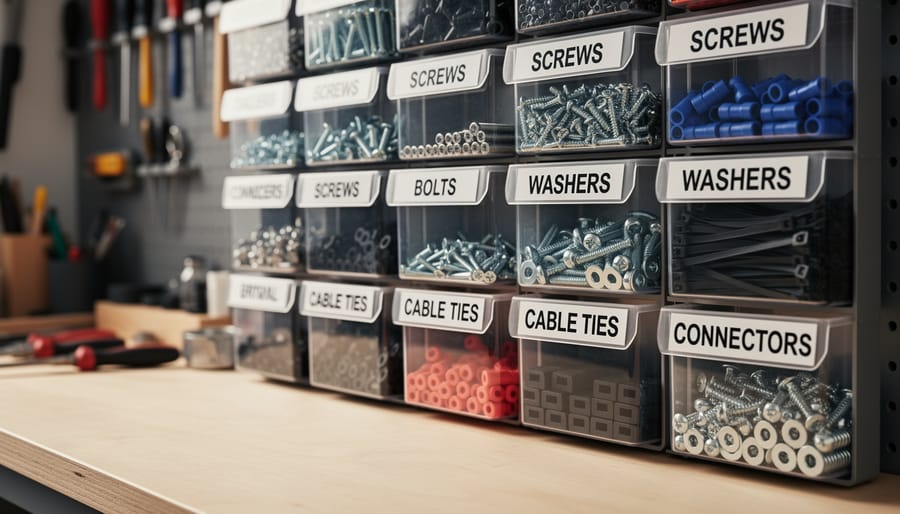 Clear bins organized on a workshop shelf holding small hardware and drill or router bits.