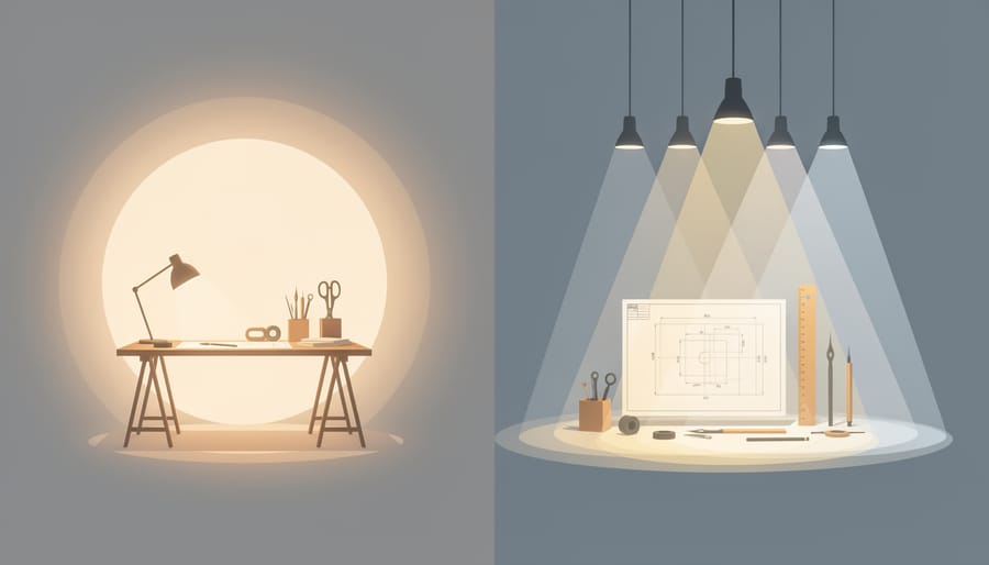 Layered lighting in a home office workshop showing controlled ambient glow and a focused light on a small detailed woodworking component.