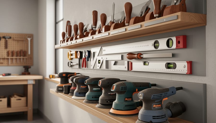Well-organized woodworking workshop wall with tiered shelves storing hand tools at eye level, frequently used items mid-level, and heavier power tools on lower shelves.