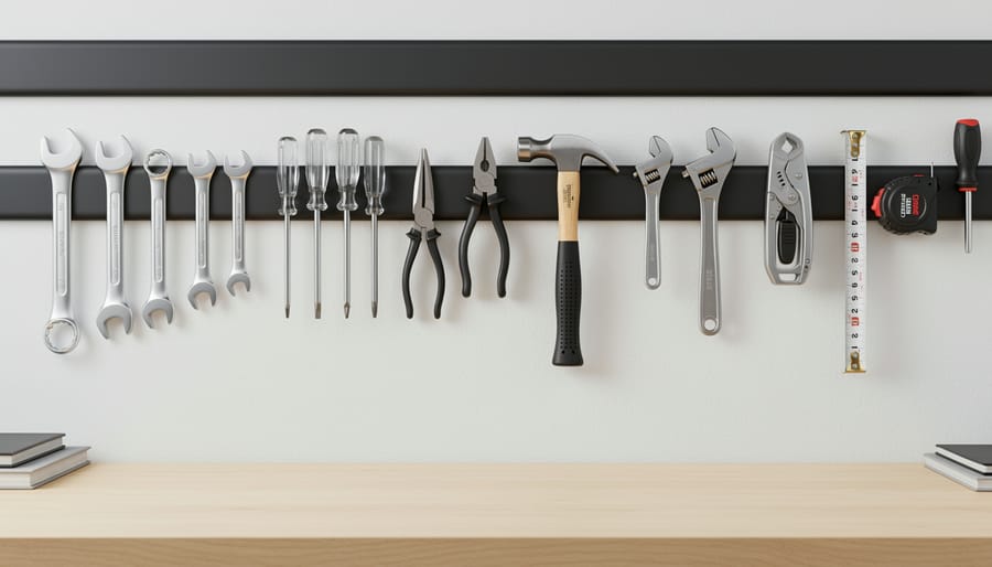 Metal woodworking tools hanging neatly on a magnetic strip on a workshop wall.