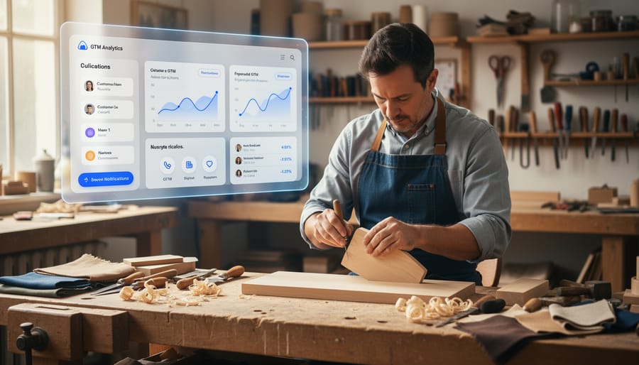 Furniture maker working at a workbench with a tablet showing abstract graphics without readable text.