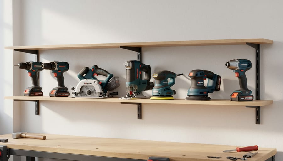 Power tools arranged on mid-level open workshop shelving