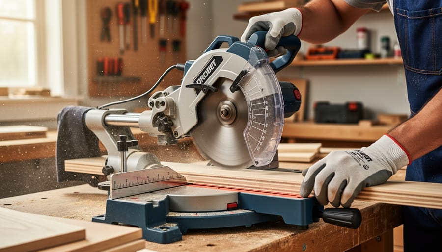 Miter saw with a wood board positioned for angled crosscutting in a woodworking shop.