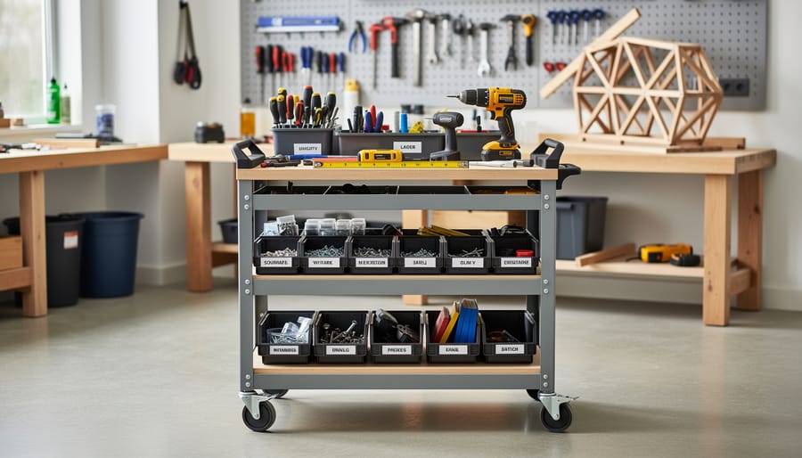 Rolling workshop cart filled with neatly arranged woodworking tools.