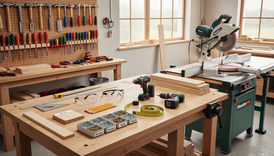 Workshop workbench with woodworking tools and wood boards arranged neatly for a DIY furniture build.