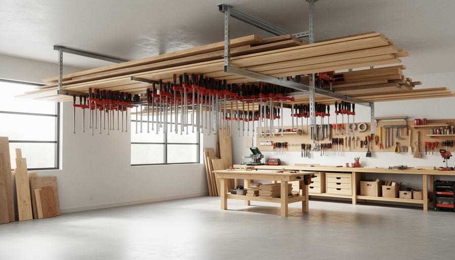 Ceiling-mounted rack storing long boards and pipe clamps above a workshop