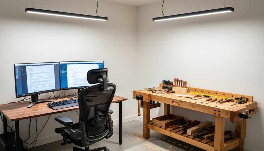 Home office workshop with overhead LED shop lights illuminating a desk, tools, and a small woodworking project.