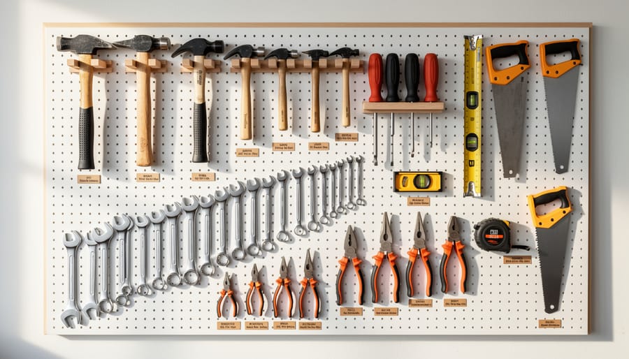 Woodworking tools neatly hung on a pegboard wall in designated locations.