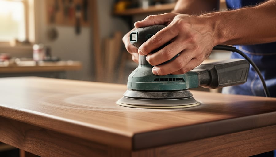 Random orbital sander sanding a smooth wood tabletop blank in a workshop.