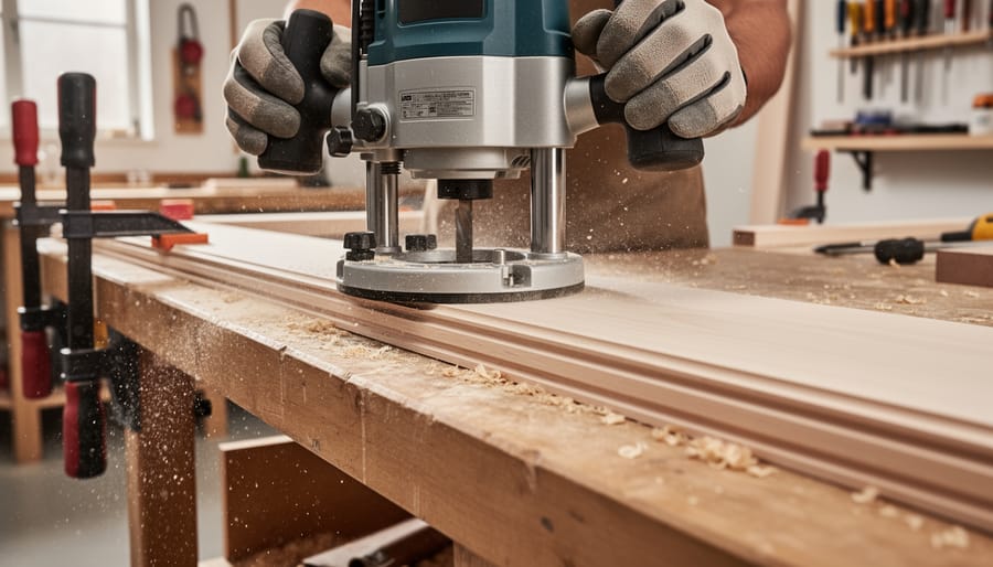 Router trimming the edge of a wooden board with a routed groove in a woodworking shop.