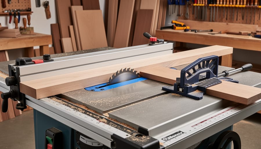 Table saw with rip fence and plywood ready for precise cutting in a woodworking shop.