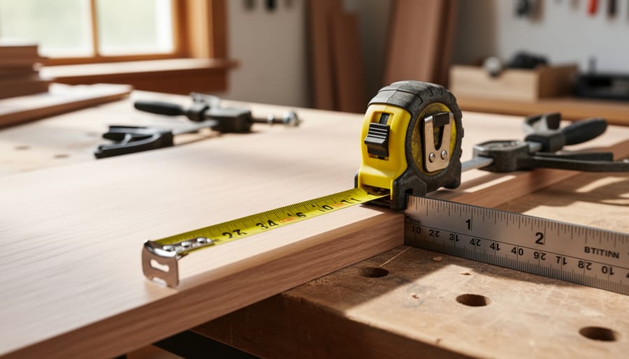 Tape measure and combination square on a woodworking workbench beside a small wood component.