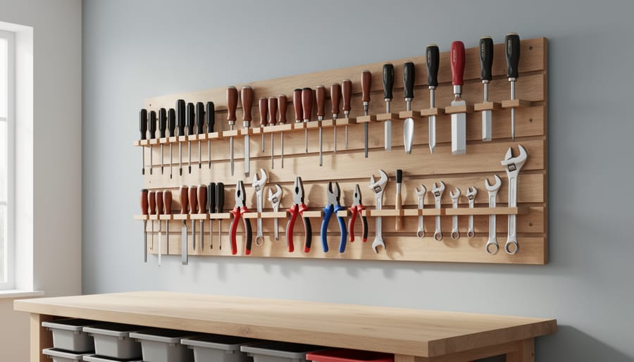 Tilted French cleat wall holding chisels and specialty hand tools